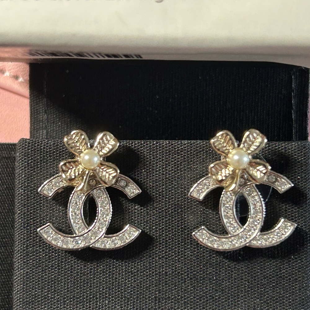 CHANEL Silver and Gold Logo Earrings with Crystal Accents